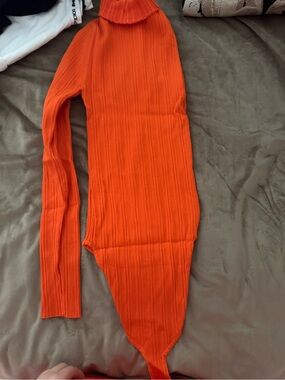 Zara Bright Orange Ribbed Turtleneck Bodysuit - Assymetrical sleeves